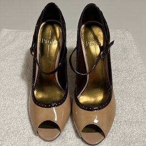 Paolo Abby peep toe Lt. pink Dk chestnut patent leather heels 8.5 M NWOB